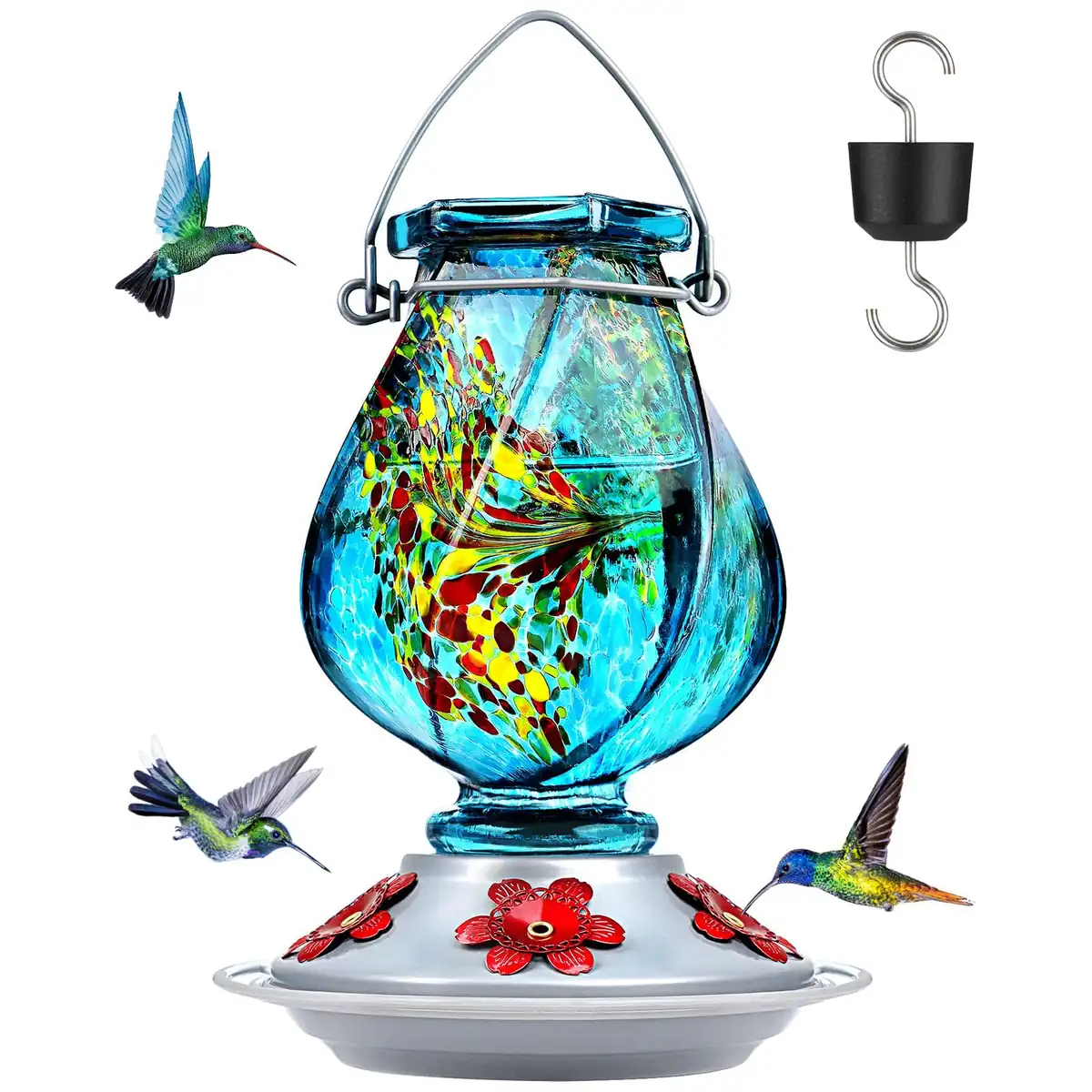 Gourd Hand-Blown Glass Hummingbird Feeder — Blue