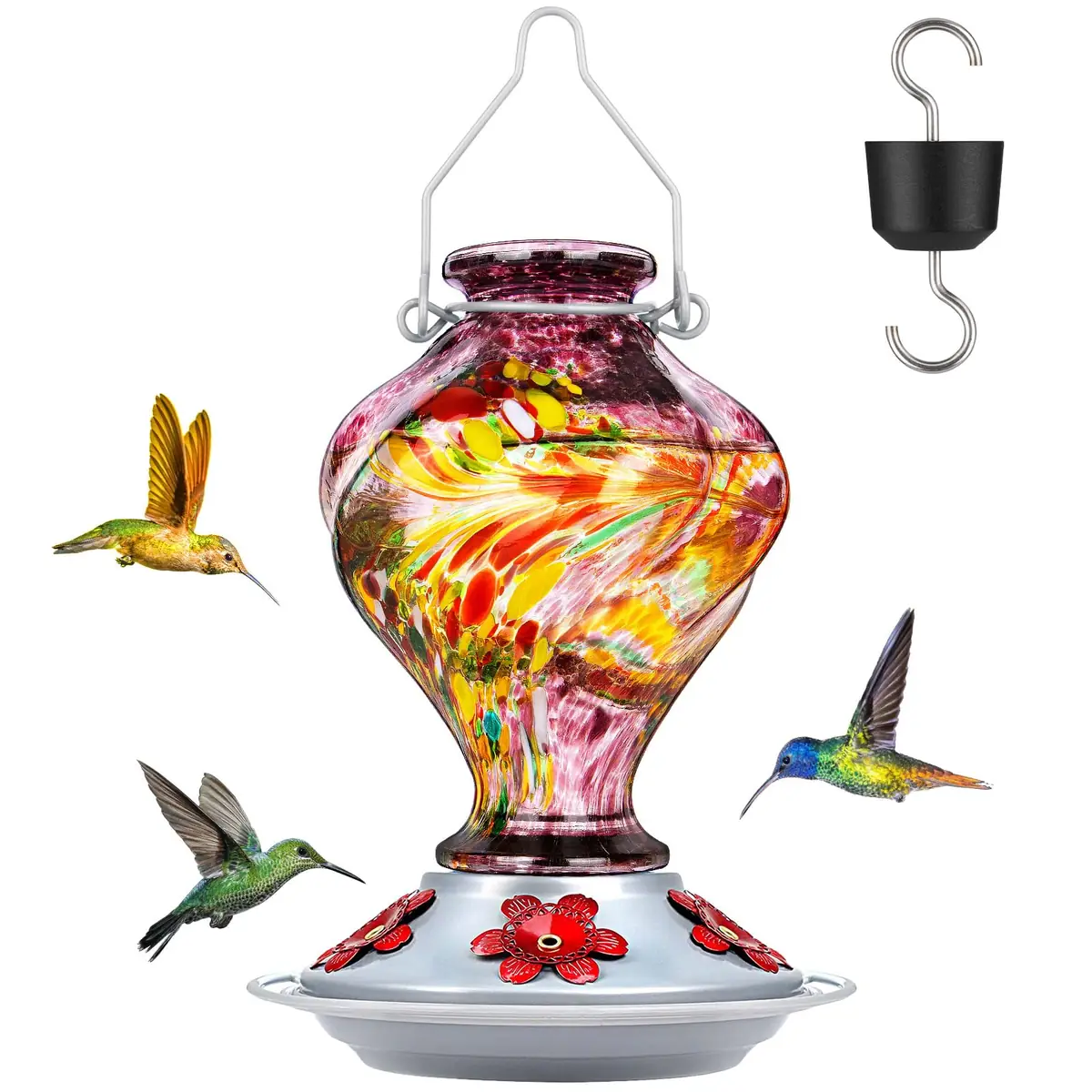 Purple Raspberry Glass Hummingbird Feeder