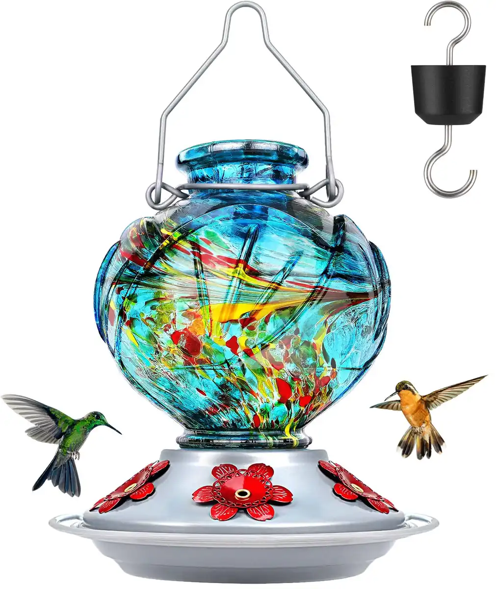 Round Hand-Blown Glass Hummingbird Feeder